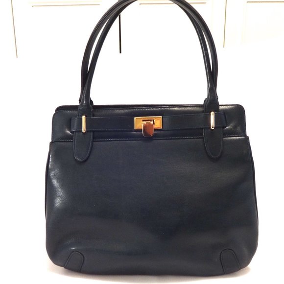 MORRIS MOSKOWITZ-NAVY  VINTAGE LEATHER HAN… - Picture 1 of 16
